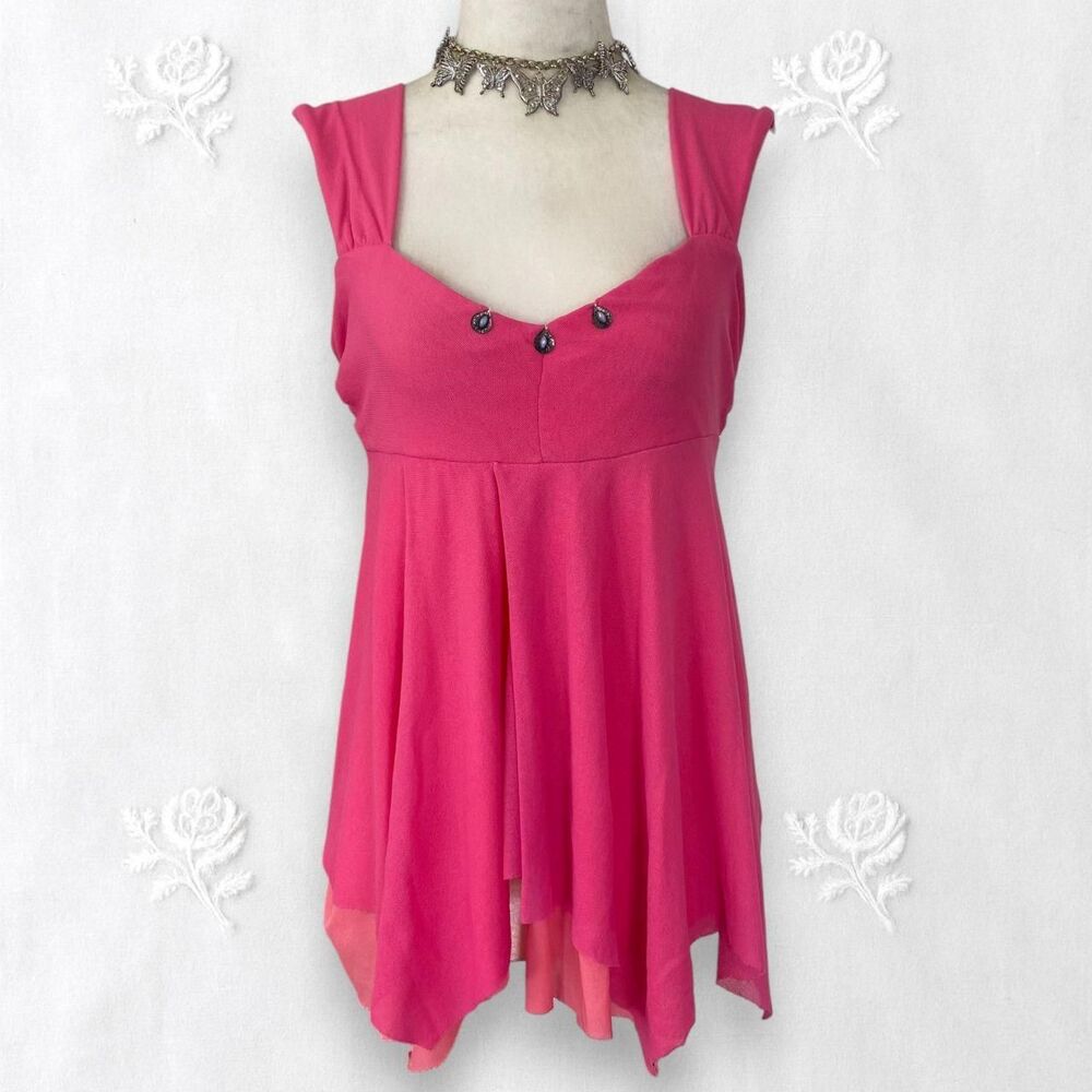Early 2000 Bright Pink Blush Sheer Layered Mesh Beaded Fairy Cami Babydoll Top M